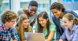 Seis estudantes jovens e talentosos, quatro meninas e dois meninos, sorrindo e fazendo trabalho em grupo com um laptop.
