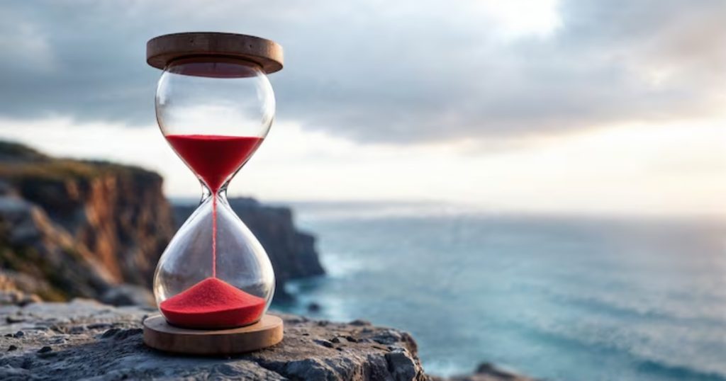 Uma ampulheta com areia vermelha caindo apoiada numa pedra de um penhasco com vista para o mar