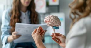 Psicóloga segurando um cérebro em consulta de Avaliação Neuropsicólogica para explicar a paciente.