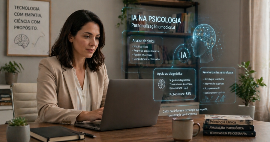 Psicóloga trabalhando com IA no laptop