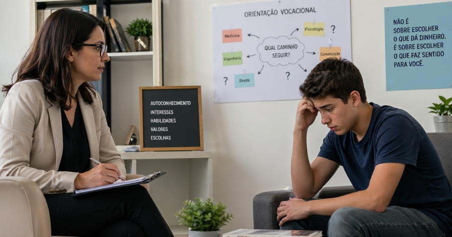 Um adolescente homem sentado participando de uma orientação vocacional com uma psicóloga.