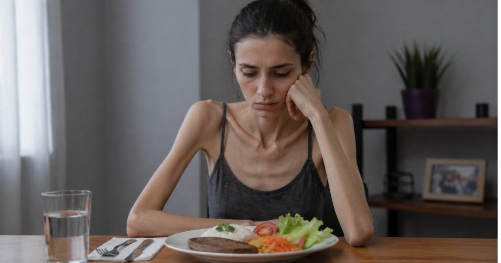 Mulher adulta magra sofrendo de transtorno alimentar olhando um prato de comida sem ânimo.