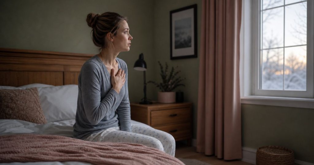 Mulher sentada à beira da cama ao amanhecer, olhando pela janela com expressão pensativa, luz suave de manhã de inverno entrando pelo vidro, representando o despertar com sintomas físicos de ansiedade.