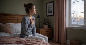 Mulher sentada à beira da cama ao amanhecer, olhando pela janela com expressão pensativa, luz suave de manhã de inverno entrando pelo vidro, representando o despertar com sintomas físicos de ansiedade.