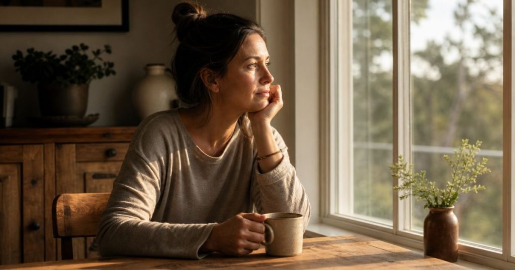 Mulher sentada à mesa com xícara de café, expressão pensativa, olhando pela janela. Ambiente acolhedor com luz natural suave. Imagem que representa o momento de reflexão sobre limites emocionais.