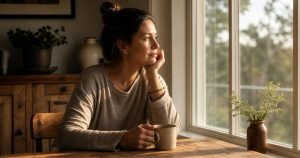 Mulher sentada à mesa com xícara de café, expressão pensativa, olhando pela janela. Ambiente acolhedor com luz natural suave. Imagem que representa o momento de reflexão sobre limites emocionais.