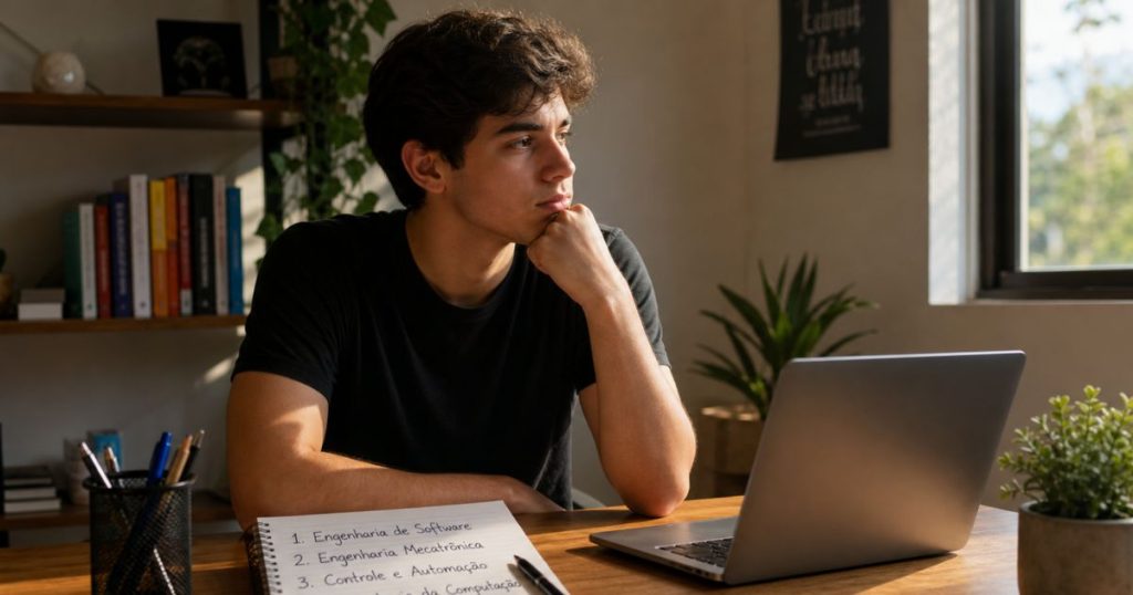 Rapaz sentado à mesa com notebook e caderno aberto com opções de cursos de faculdade, expressão pensativa, ambiente tranquilo e iluminado, representando o processo reflexivo da orientação vocacional profissional.