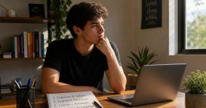 Rapaz sentado à mesa com notebook e caderno aberto com opções de cursos de faculdade, expressão pensativa, ambiente tranquilo e iluminado, representando o processo reflexivo da orientação vocacional profissional.