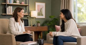 Primeira sessão de orientação profissional: conversa entre psicóloga e cliente em ambiente acolhedor.