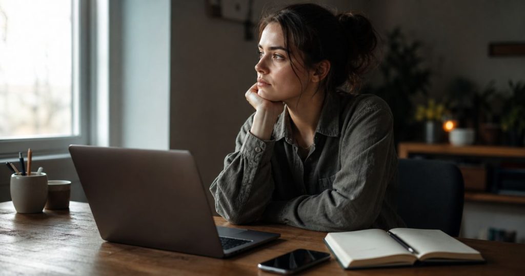 Pessoa sentada diante do laptop com olhar distante, celular ao lado, expressão pensativa — representando a procrastinação no meio do ano