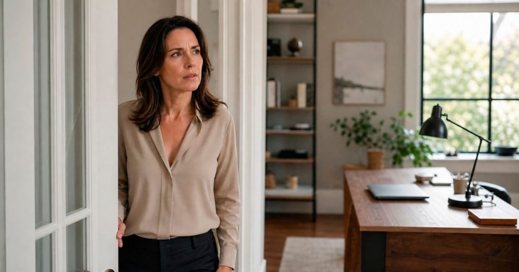 Uma mulher morena de 35 anos com expressão da mente travada olhando pela janela no escritório.