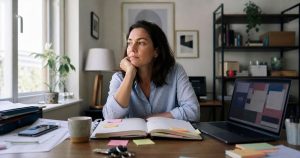 Mulher morena de 30 anos com olhar desatento, sentada na mesa, com livro aberto. indicando falta de concentração (TDAH).