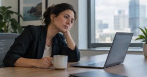 Profissional mulher em pausa diante do computador, refletindo sobre cansaço e estresse relacionados ao trabalho.